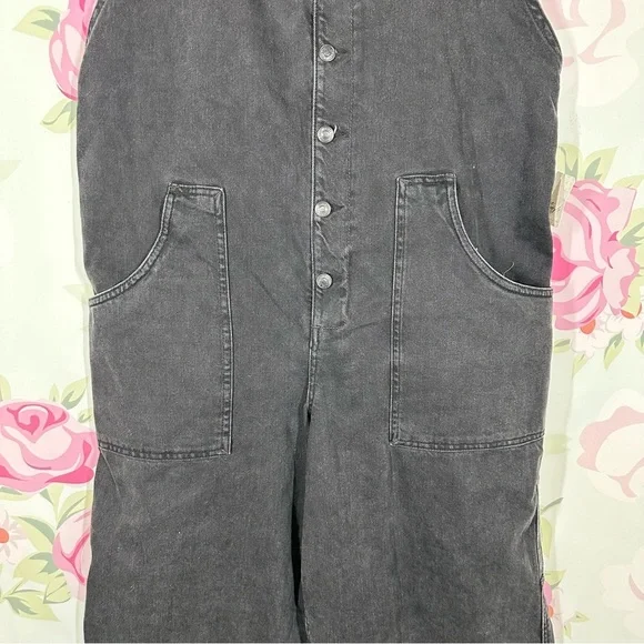 NEW Free People We The Free Fields of Flowers Wide Leg Black Denim Overalls XL - Picture 6 of 15